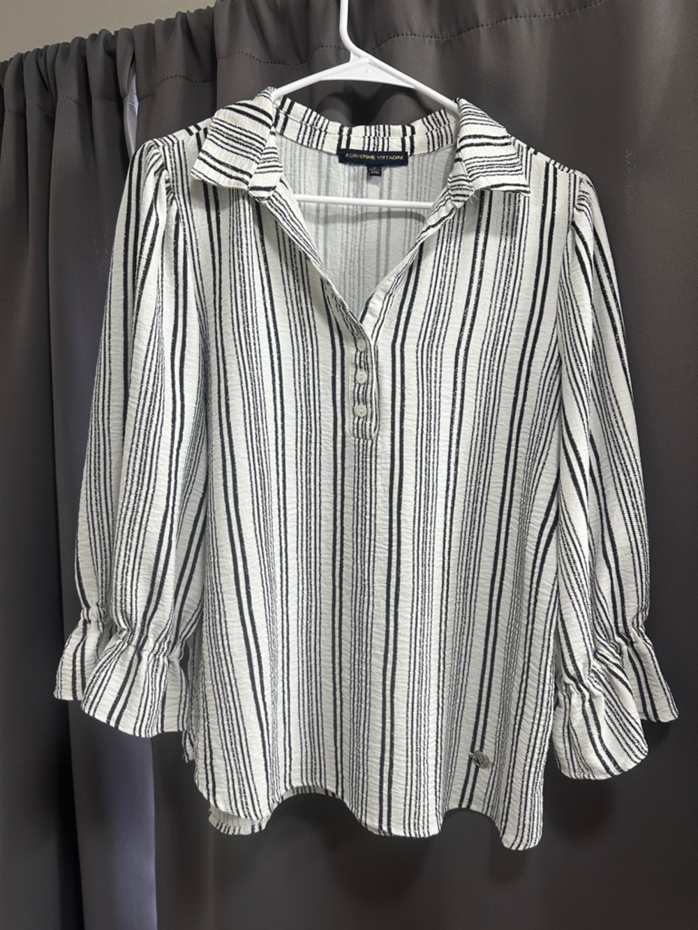 Adrienne Vittadini Black & White Vertical Stripe Collared Blouse